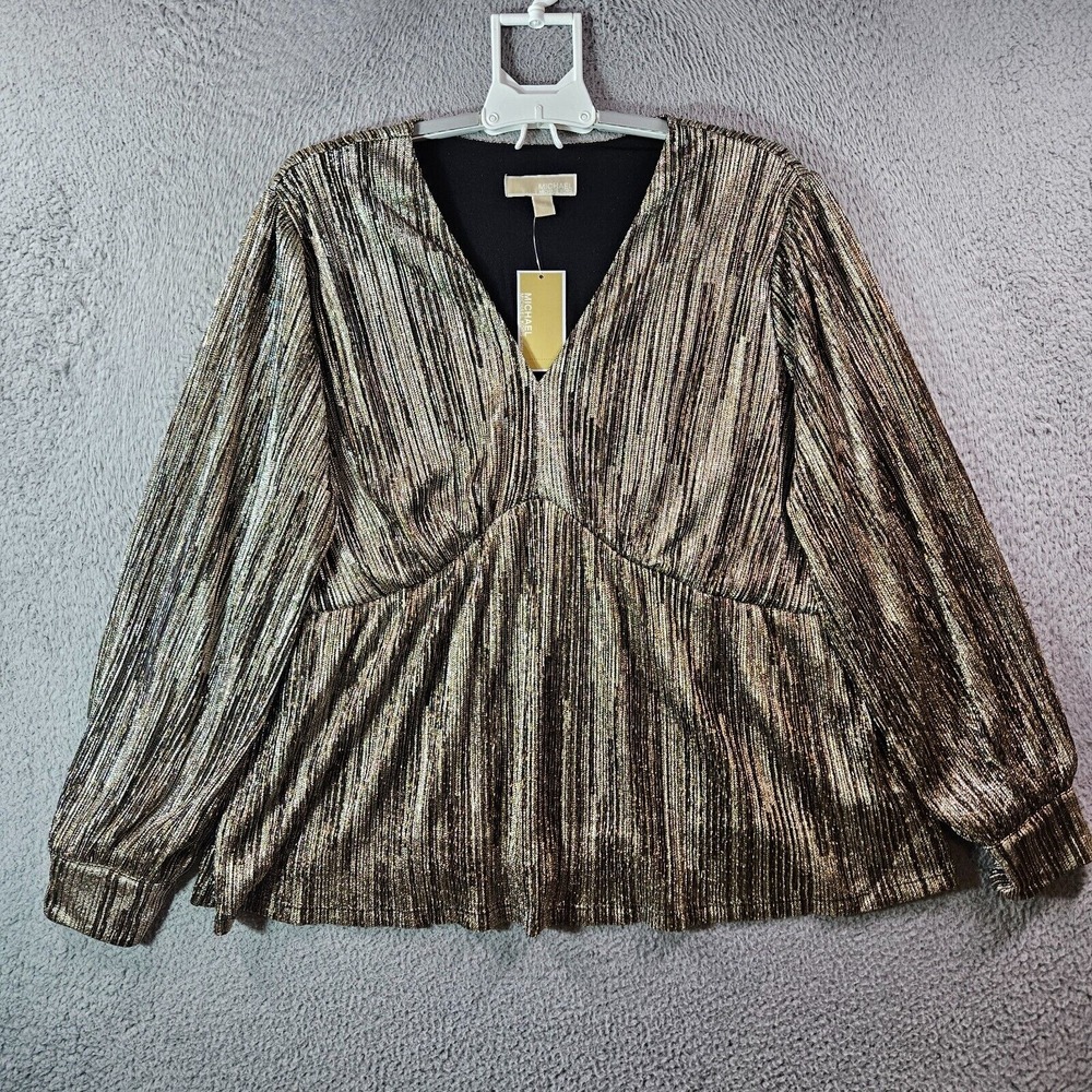 $115 NWT Michael Kors 3X Party Cocktail Top Blouse Glitter Gold Black Striped
